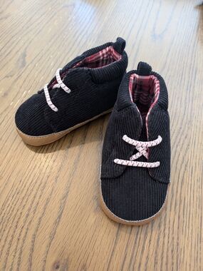 Carter's Black Corduroy Baby Shoes with Brown Sole and Red-Checked Lining